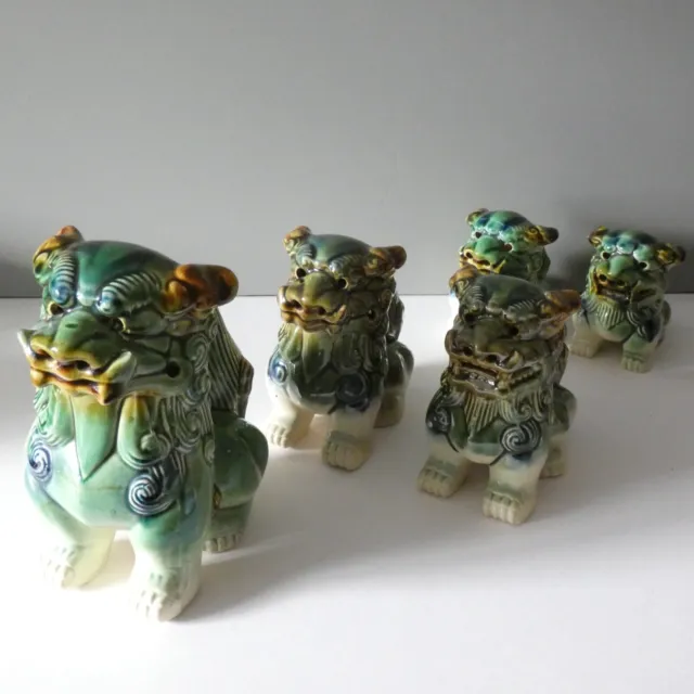 Vintage Chinese Foo Dogs Shiwan Green Glaze Set 5 Graduating Open Closed Mouth