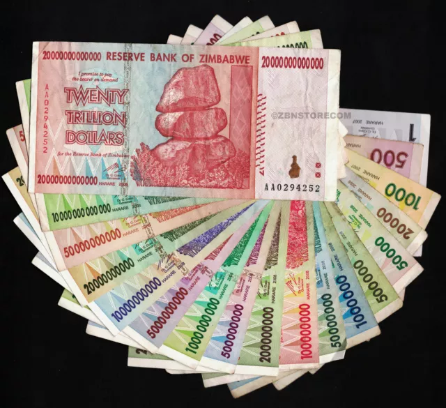 1 - 20 Trillion Dollars Zimbabwe Rare Set of 18 Bank Notes 100% Authentic w/ COA