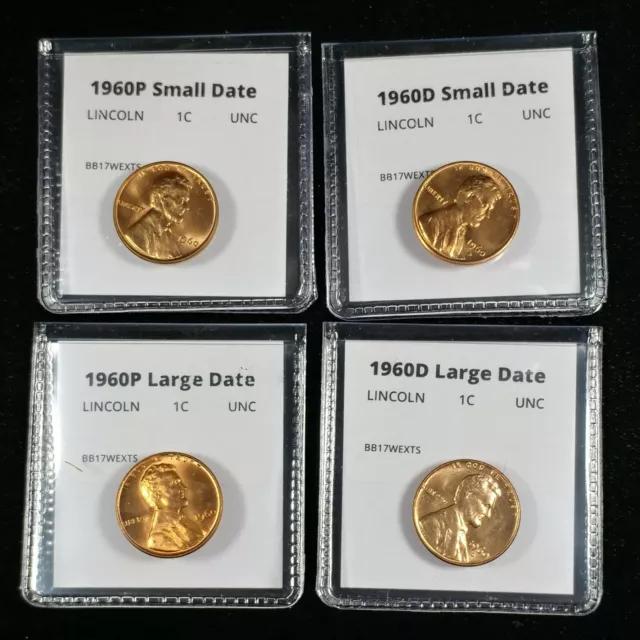 1960 P+D Lincoln Cent Four Coin Small and Large Date Penny Set - BU