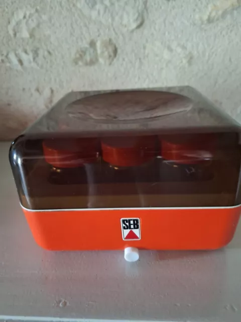 Yaourtière SEB orange avec 8 pots en verre oranges et blancs type 872  vintage
