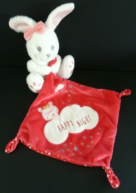 *. DOUDOU PELUCHE SIMBA LAPIN BLANC ROSE BLANC MOUCHOIR happy night - ETAT NEUF*