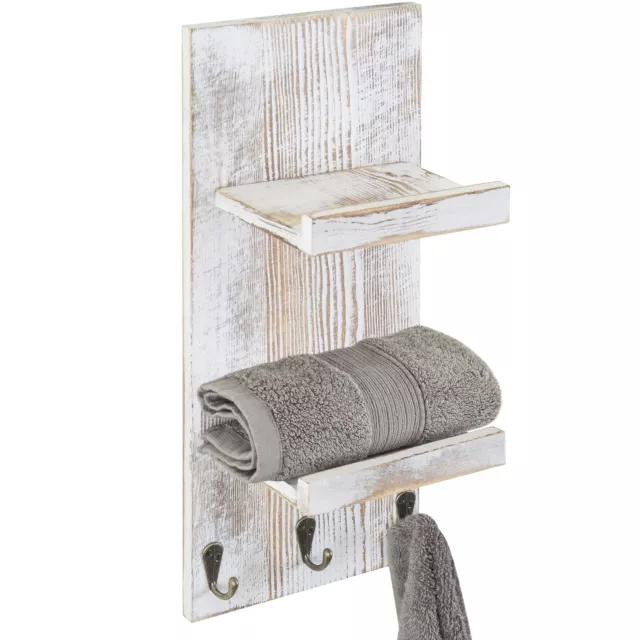 MyGift Whitewashed Wood Wall Mounted Bathroom Storage Rack with 3 Metal Hooks