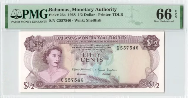 BAHAMAS $1/2 Dollar 50 Cents 1968, P-26 Monetary Authority, PMG 66 EPQ Gem UNC