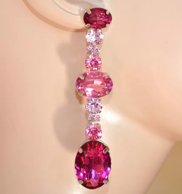 Orecchini argento cristalli rosa fucsia donna strass pendenti lunghi ovali UAX12