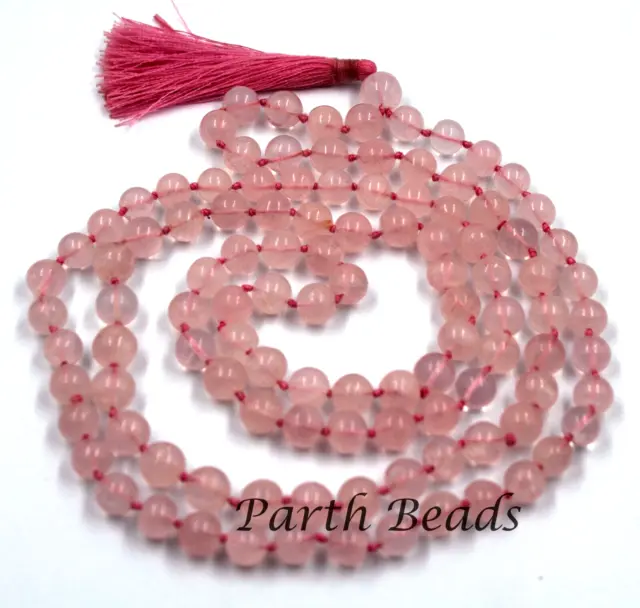 Gem Rose Quartz Handmade Japa Mala 108 Beads Meditation Yoga Prayer Necklace 41"