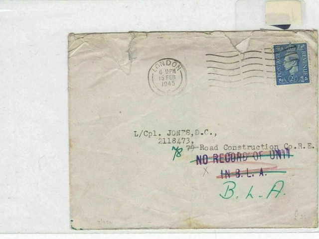london 1945 no record of unit in BLA stamps cover ref 8609