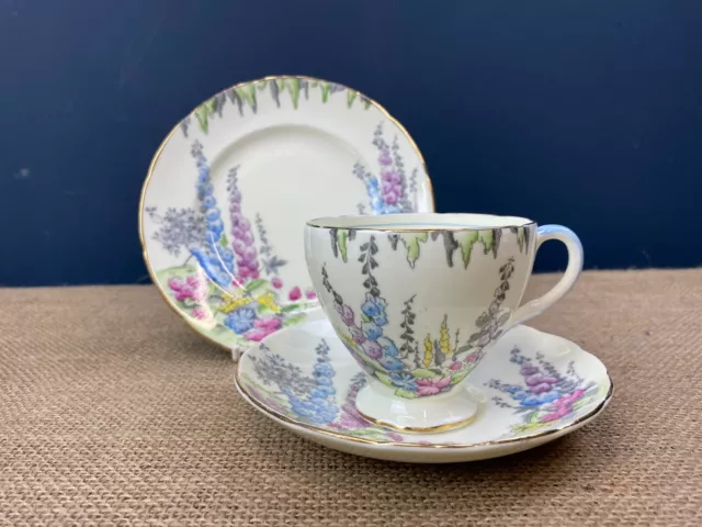 Beautiful Vintage Art Deco Foley Pretty Floral English China Cup & Saucer Trio-4