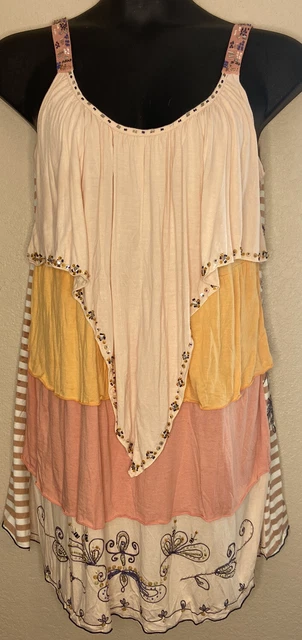 Krista Lee Womens Sz M Beaded Embroidered Layers Peach Orange Striped Tank Dress