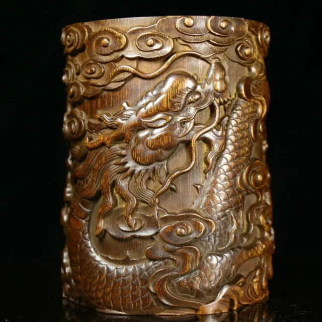 6.2" Chinese Natural Bamboo Handcarved Exquisite Dragon Brush Pot