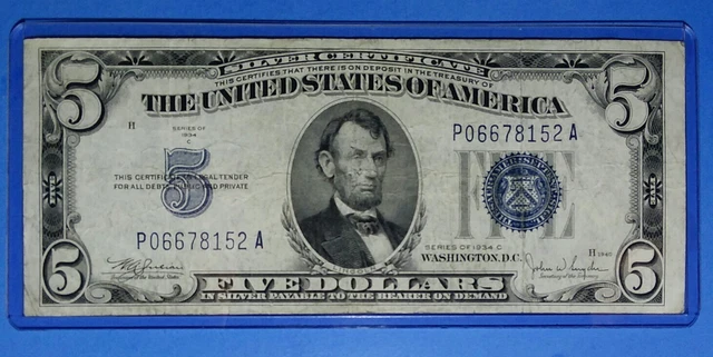 *1934-C ! $5 Silver Certificate! VF. CIRC.! OLD US CURRENCY!