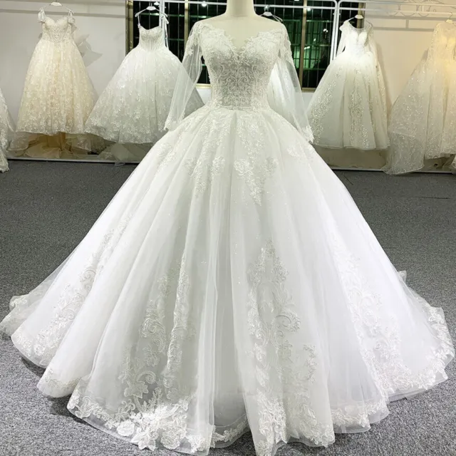 Elegant Glitter Wedding Dresses Long Sleeves Lace Beaded Sweep Train Ball Gowns