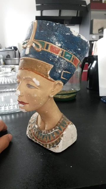 Rare Buste Ancien  De Nefertiti Egypte Platre Peint 3