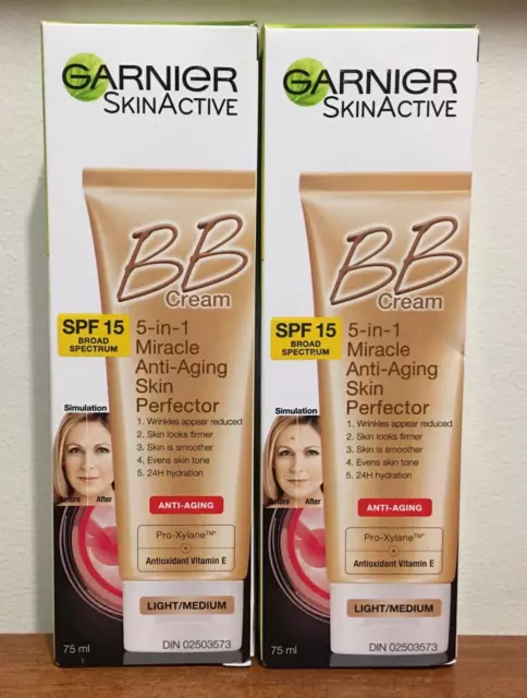 2 Garnier BB Cream 5 en 1 Milagro Antienvejecimiento Ligero/Medio 2,5 oz ea EXP 5/25 NUEVO EN CAJA