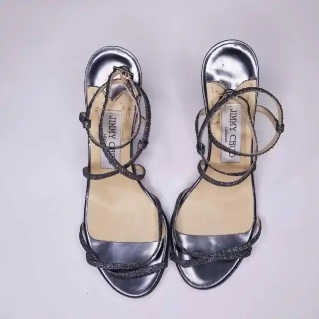 JIMMY CHOO Elaine Silver Glitter Lame Strappy Kitten Heels size US 6