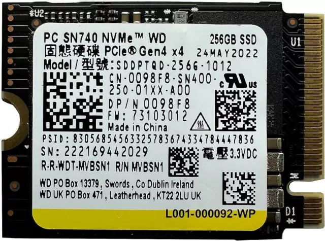 5x Lot Western Digital PC SN740 256GB NVMe SSD PCIe Gen4x4, 4,000 mbps, SDDPNQD