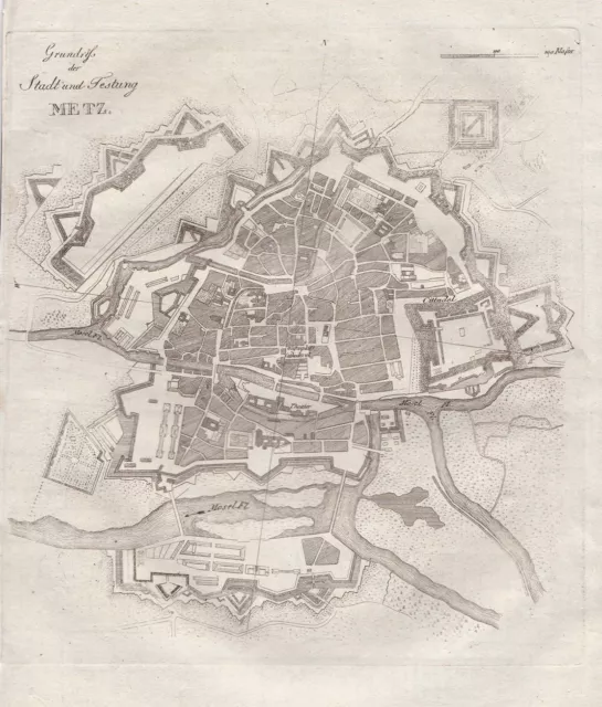 Metz Alsace Elsass cité France city plan Stadtplan Kupferstich gravure 1810