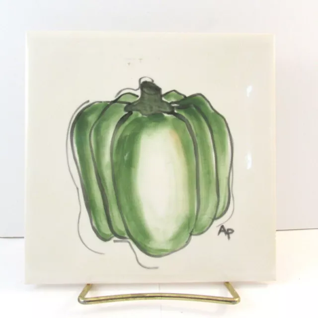 H&R Johnson England Hand Painted Vintage Tile 6x6 green bell pepper trivet