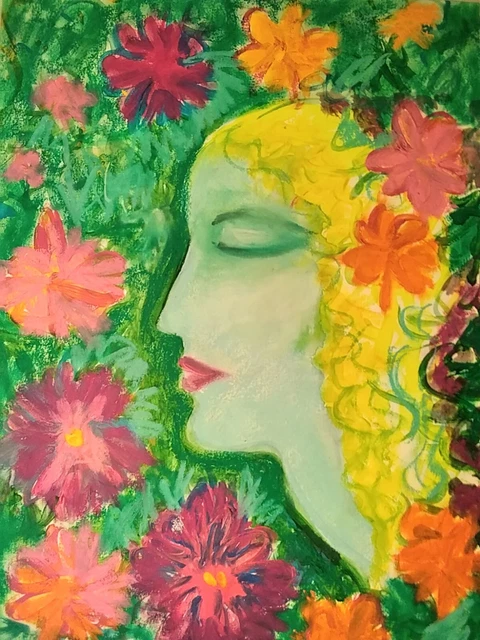 Alice In Wonderland Original Painting Flowers Woman Romantic Oil Pastels Monet