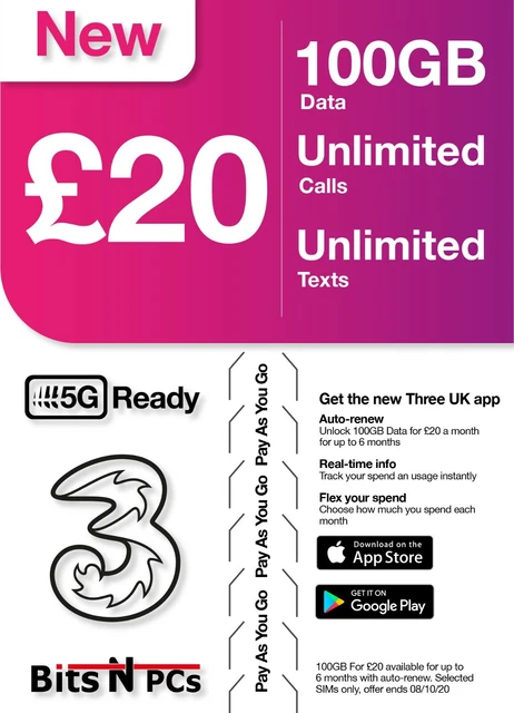 Scheda Sim Tre (3) - £20 Aggiungi - Pay & Go - Adatta A Tutti I Telefoni