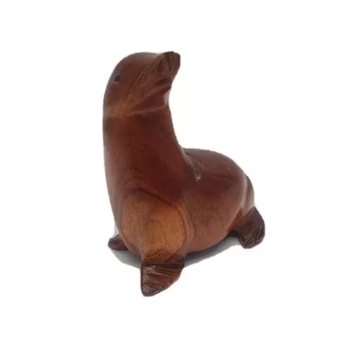 Vintage Hand Carved Wooden Seal Dark Brown Sea Lion Wood Figurine 4.25"