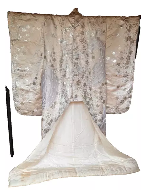 Japanese Kimono Uchikake Vintage Wedding Robe Silver Peacock Embroidery u85 3