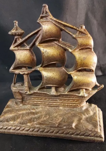 VTG Solid Heavy Brass Copper Ship Bookend . Nautical Decor Sailing Navy Patina