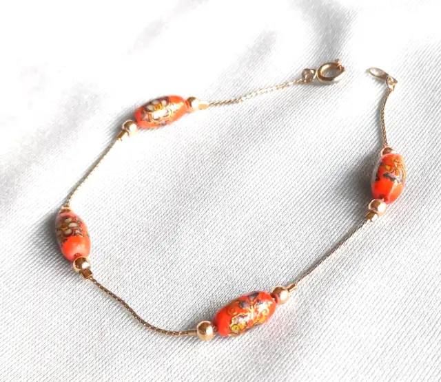 Dainty Vtg Coral color Cloisonne Bead Gold Tone Chain Bracelet 20cm circa 8"