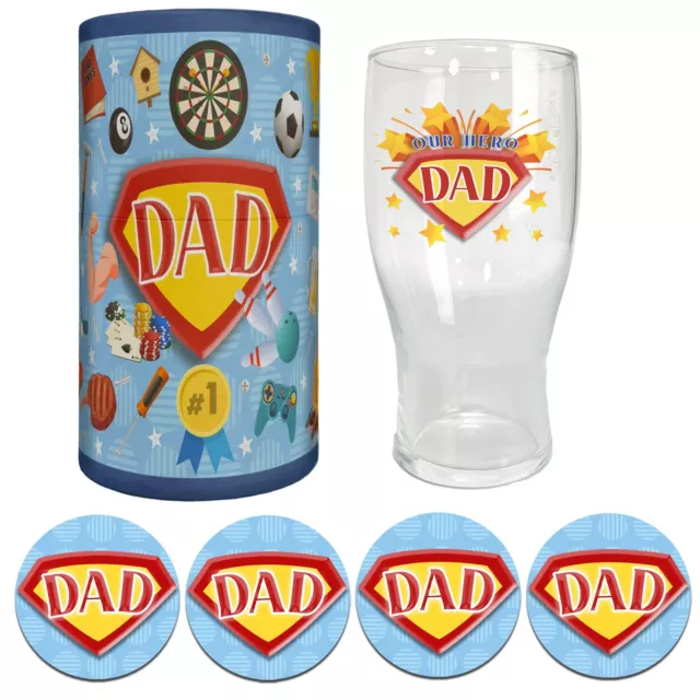 Fathers Day Pint Glass Gift Set For Dad, Step Dad - Our Hero Super Dad