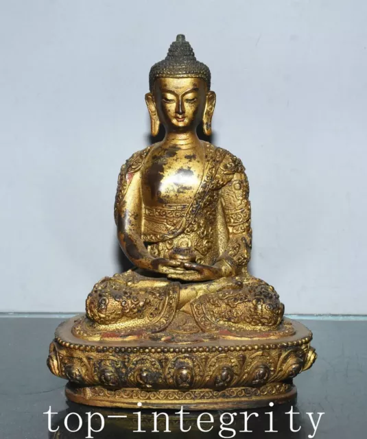 9'' Old Tibet Buddhism Temple Bronze Shakyamuni Sakyamuni Amitabha Buddha Statue