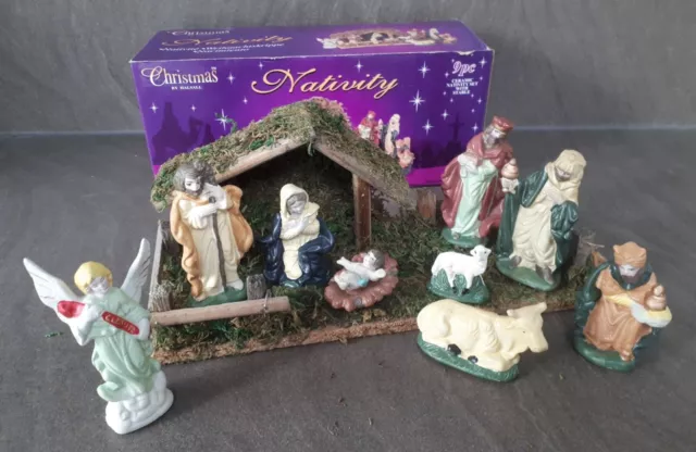 Vintage Traditional Christmas Nativity Set 9 Pc Ceramic with Stable by Halsall