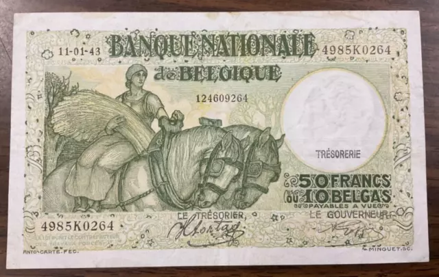 Belgium 50 Francs Banknote - 1938 P-106 AU