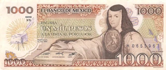 Mexico  1000  Pesos  19.7.1985  Series  XS  Prefix  H  Circulated Banknote WH2