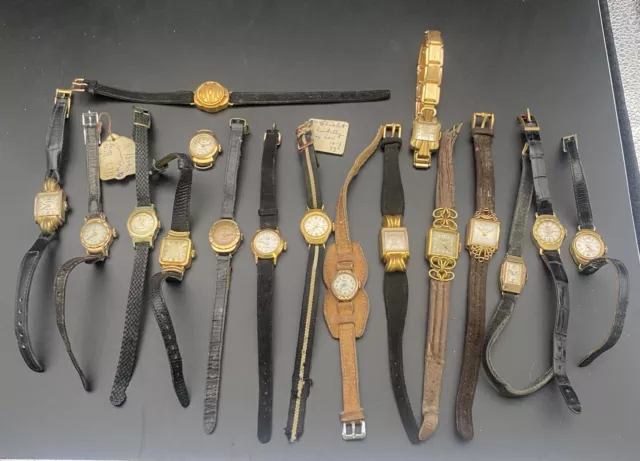 Lot de 17 Belle Montre Watch Femme Dame Vintage Ancien Mécanique Plaque Or Cuir