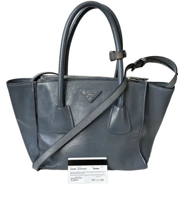 Authentic Prada Glace Calf Twin Pocket Tote Bag, Dark Blue (Marine) - Repainted