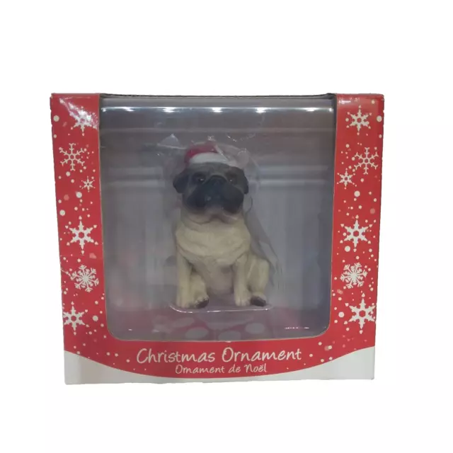 SANDICAST DOG CHRISTMAS ORNAMENT-Fawn Pug Dog W/Hat Hand Painted Damaged Box