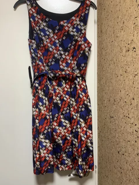 Trina Turk Red Blue Janny Plaid Silk Fit and Flare Sheath Dress Sz 8 Sleeveless