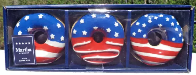 Martha Stewart PATRIOTIC Ceramic DONUTS Red White Blue July 4th PACK of 3 NEW