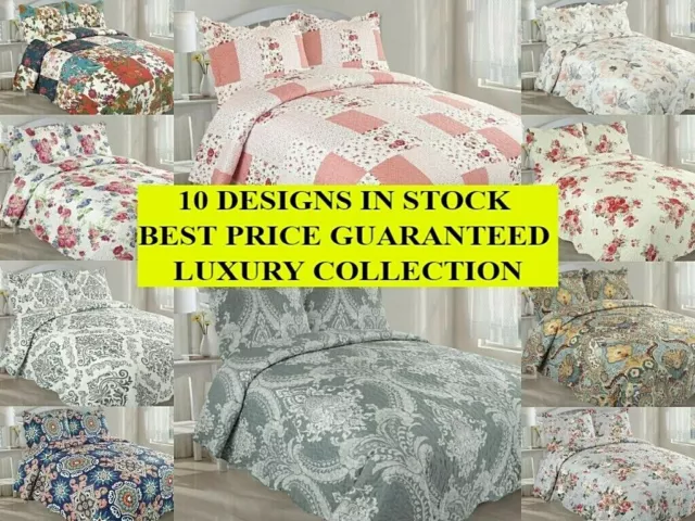 3pc Quilted Bedspread Patchwork Bedding Comforter Bed Throw With x2 P-Shams