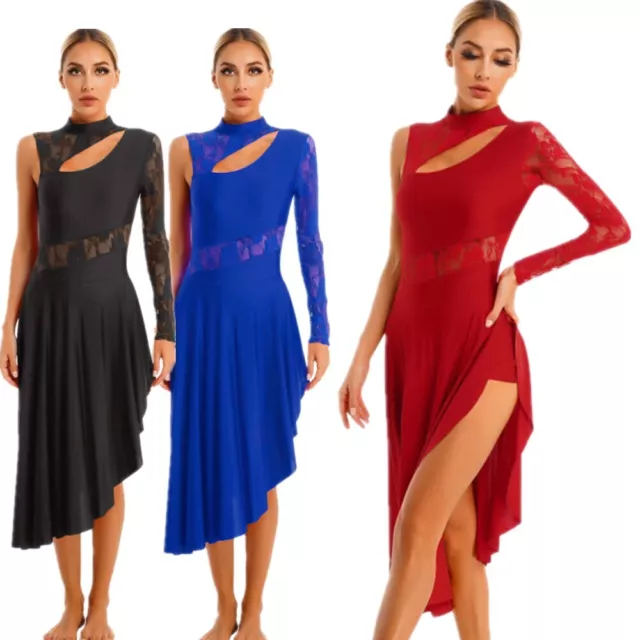 Women Lyrical Modern Dance Dress One Shoulder Asymmetric Hem Side Split Dress