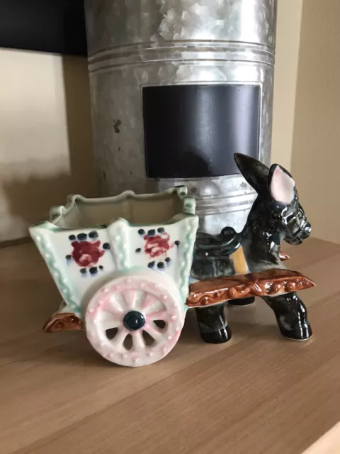 Vintage Ceramic Donkey With Cart Wagon Made In Italy Pottery Planter Vase