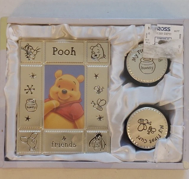⭐️DISNEY GIFT SET~POOH~Metal Frame~Tooth & Curl Keepsake Round Boxes NEW IN BOX