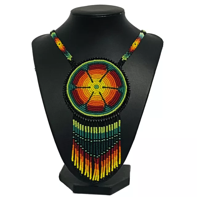 Huichol Indian Beaded Flower Necklace Handmade Mexican Folk Art