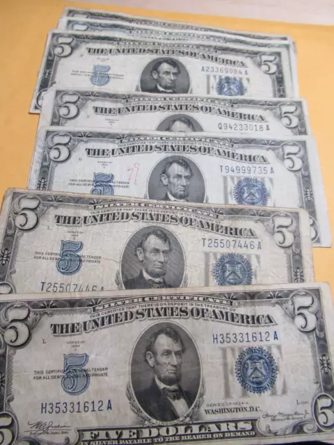 Antique 1934 Five Dollar $5 Old US Currency Silver Certificate, Blue Seal