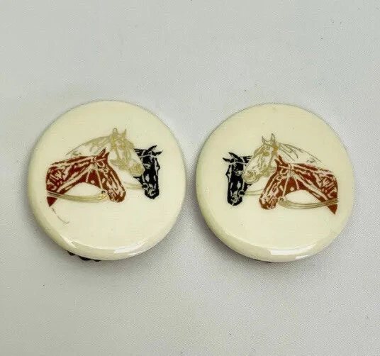 Vintage Round Ceramic Black, Brown And White Horse Clip On Earrings
