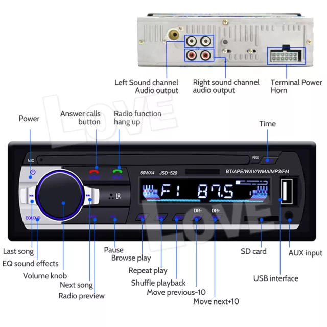 Car Radio Stereo 1Din Bluetooth FM Audio Head Unit Player MP3/USB/SD/AUX In-Dash 2