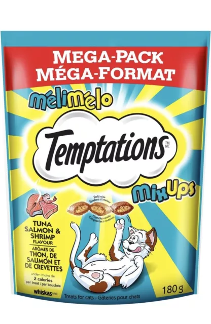 TEMPTATIONS Mix-Ups Adult Cat Treats, Tuna, Shrimp, Salmon, 180g Pouch (10 Pack)