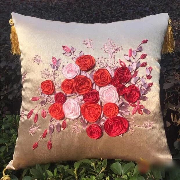 Kit de bordado de cinta hecha a mano con flor roja azul Happy Tree conjunto de funda de almohada