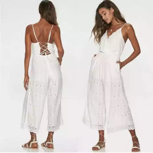 L*Space Eyelet Embroidered Sleeveless Lace Up Wide Leg Jumpsuit Ivory Size XS