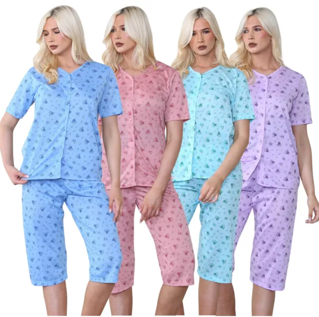 Ladies Capri Pyjama Set Floral Printed V-Neck Buttons Through Cropped PJs