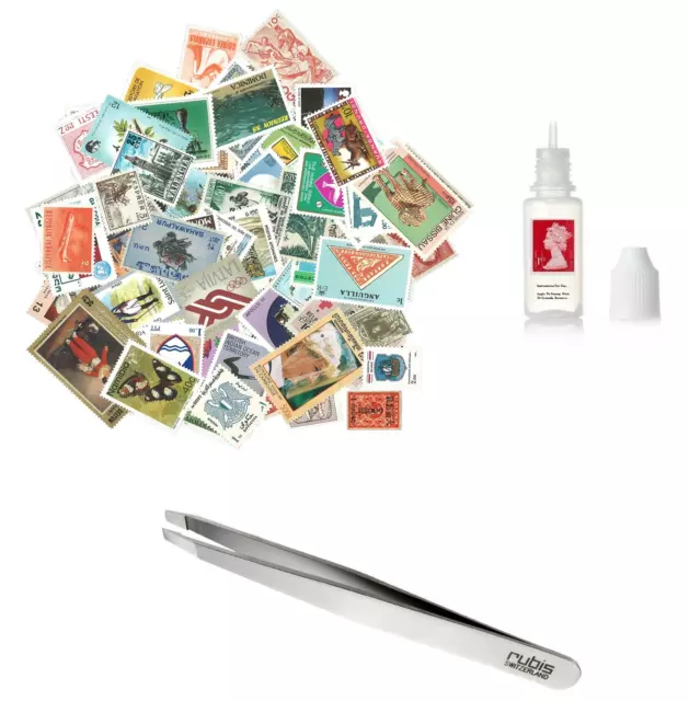 Postage Stamp Collectors Kit x100 Stamps Tweezers Cleaning stamp Removal Fluid
